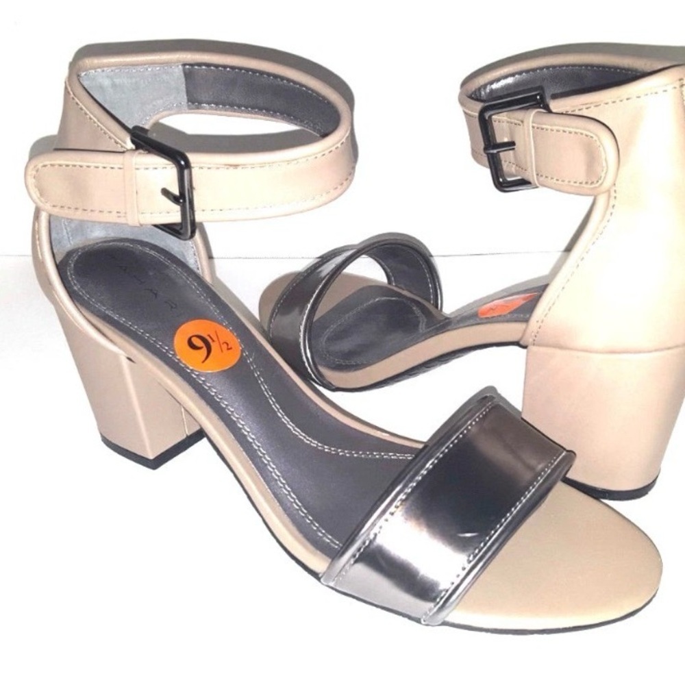 Tahari Tan and Silver Ankle Strap Sandals